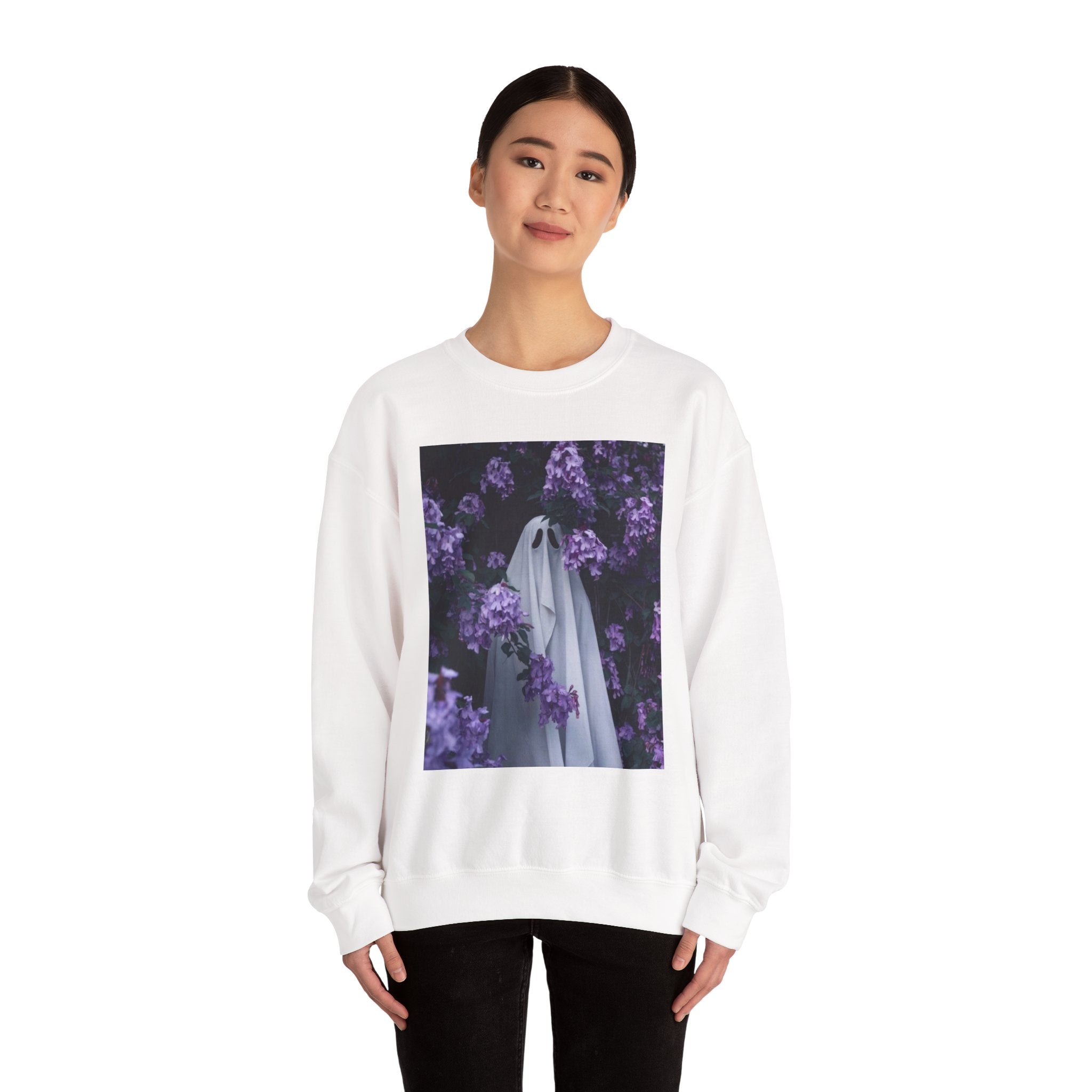 Spooky Floral Crewneck Sweatshirt - Unisex Heavy Blend, Ghost Design, Perfect for Halloween, Cozy Fall Style, Casual Comfort