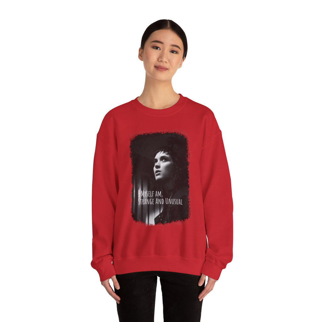 Beetlejuice Unisex Crewneck Sweatshirt: Perfect for Unique Style, Streetwear, Gifts, and Casual Outfits, Features 'I AM STRANGE AND UNUSUAL'