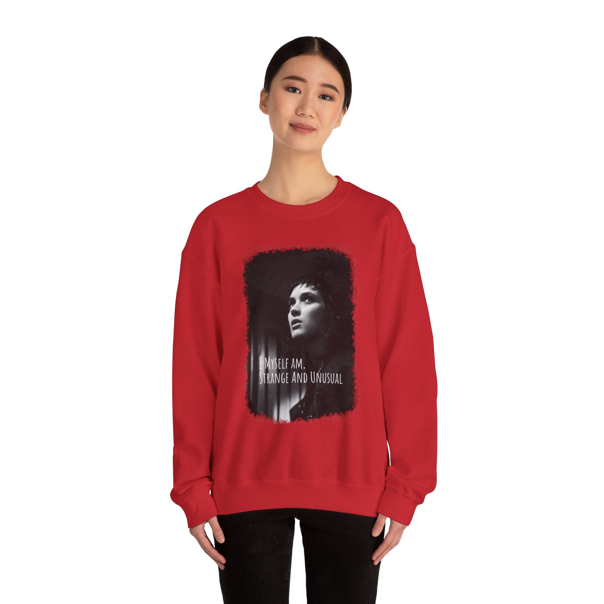 Beetlejuice Unisex Crewneck Sweatshirt: Perfect for Unique Style, Streetwear, Gifts, and Casual Outfits, Features 'I AM STRANGE AND UNUSUAL'