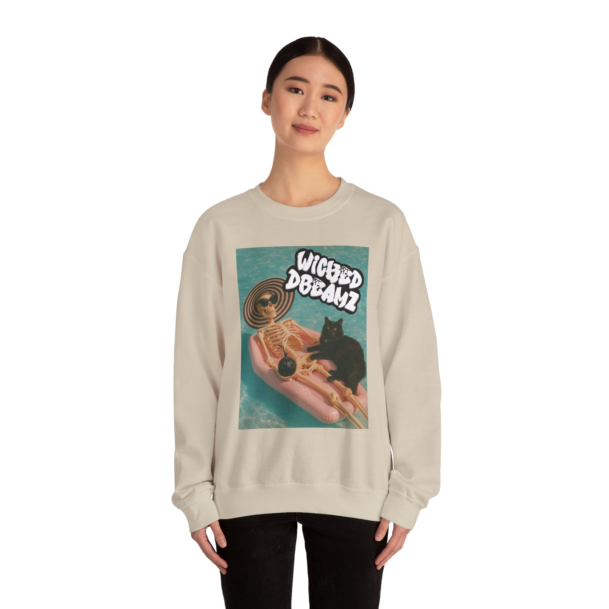 Wicked Dreams Crewneck Sweatshirt | Cozy Cat Lover Apparel, Cute Gift for Pet Owners, Casual Streetwear, Relaxed Vibe, Summer Fun