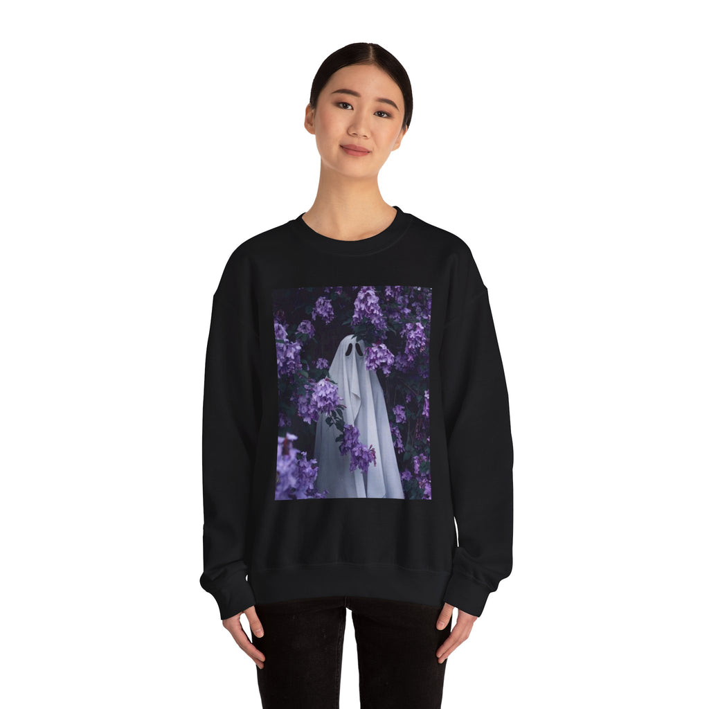 Spooky Floral Crewneck Sweatshirt - Unisex Heavy Blend, Ghost Design, Perfect for Halloween, Cozy Fall Style, Casual Comfort