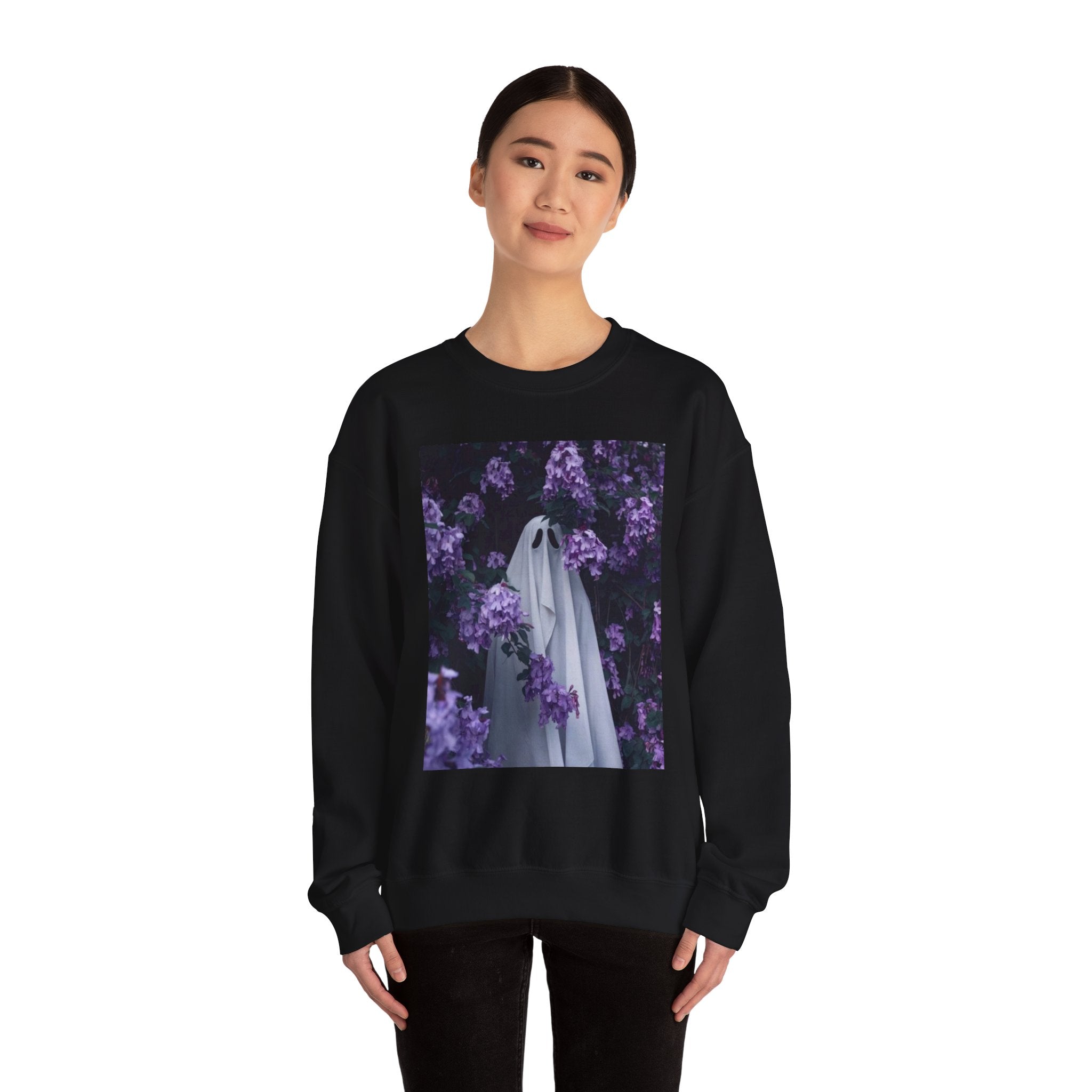 Spooky Floral Crewneck Sweatshirt - Unisex Heavy Blend, Ghost Design, Perfect for Halloween, Cozy Fall Style, Casual Comfort