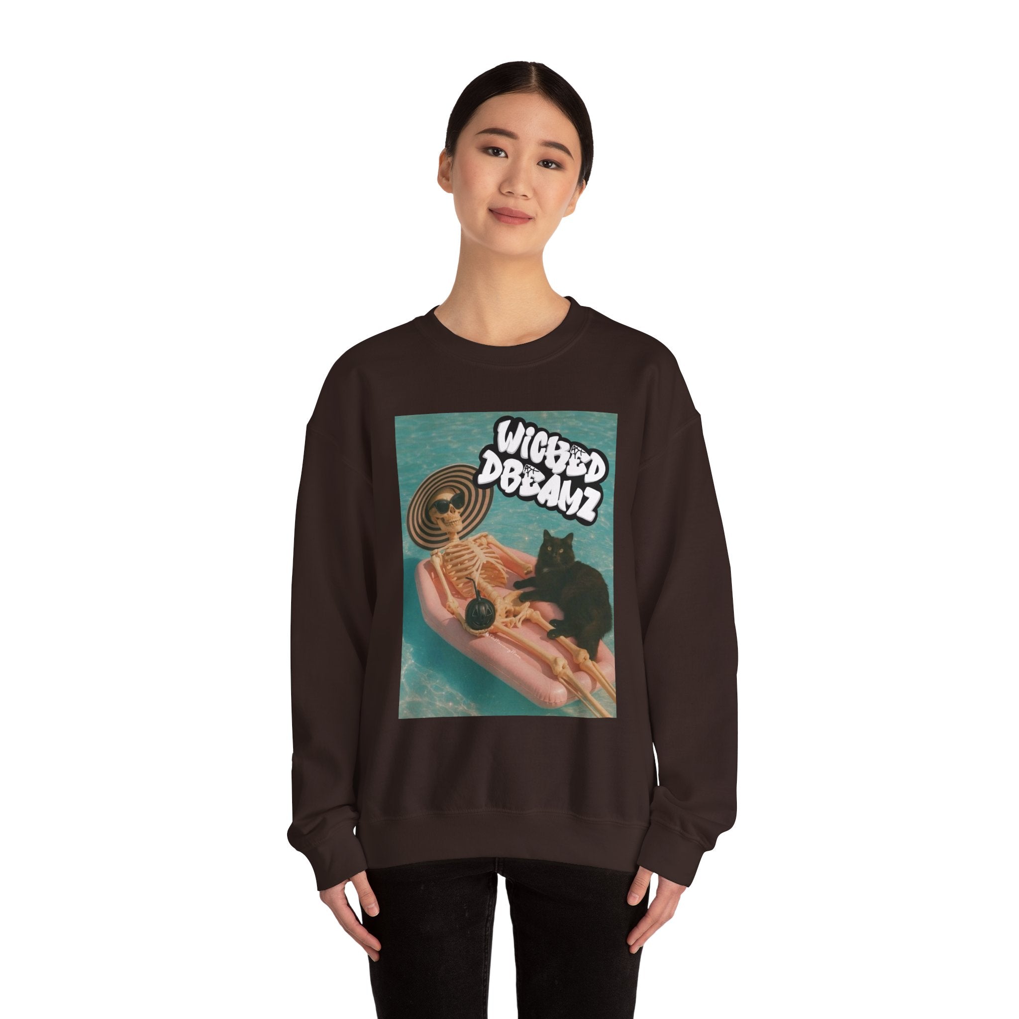 Wicked Dreams Crewneck Sweatshirt | Cozy Cat Lover Apparel, Cute Gift for Pet Owners, Casual Streetwear, Relaxed Vibe, Summer Fun