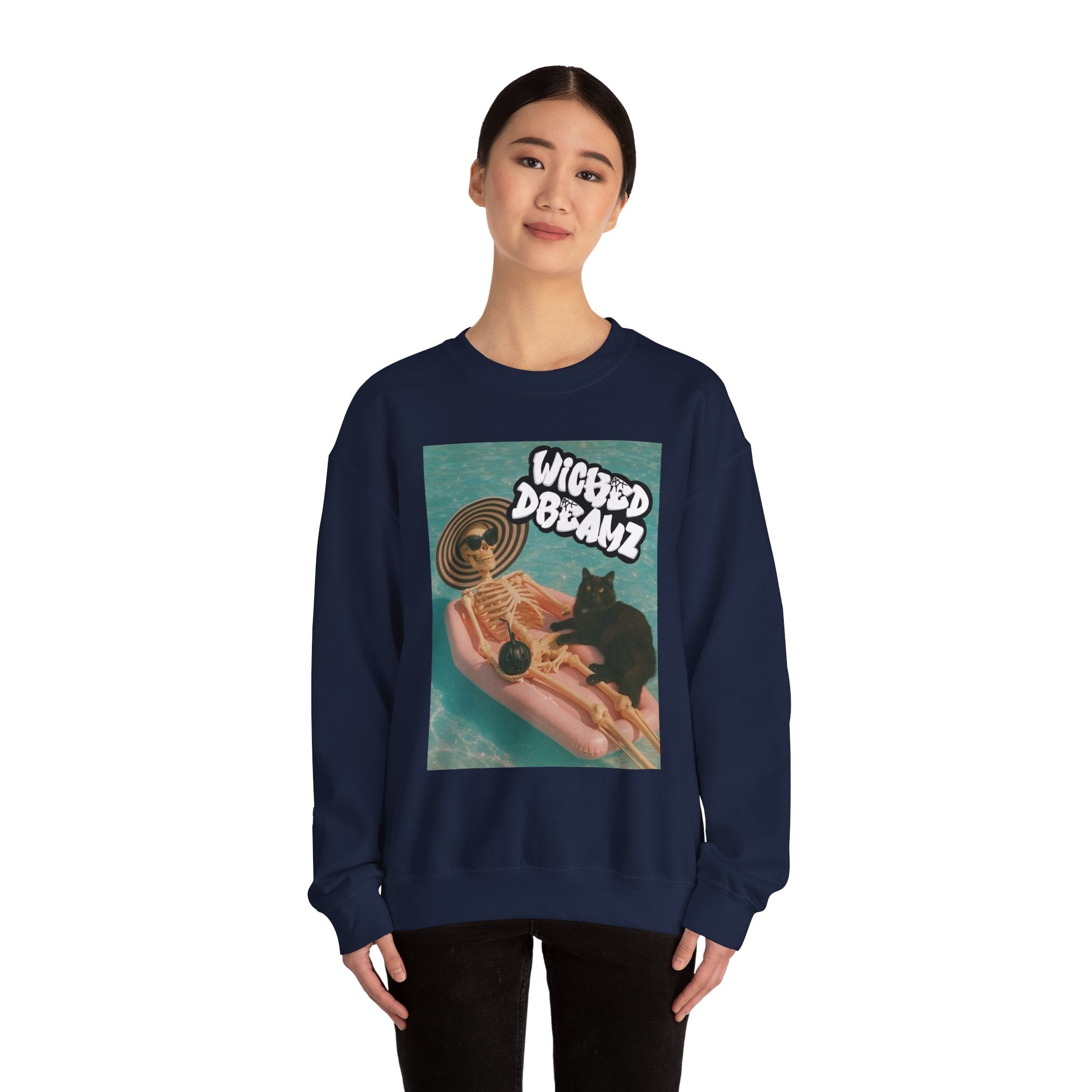 Wicked Dreams Crewneck Sweatshirt | Cozy Cat Lover Apparel, Cute Gift for Pet Owners, Casual Streetwear, Relaxed Vibe, Summer Fun