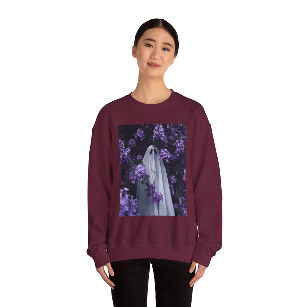 Spooky Floral Crewneck Sweatshirt - Unisex Heavy Blend, Ghost Design, Perfect for Halloween, Cozy Fall Style, Casual Comfort