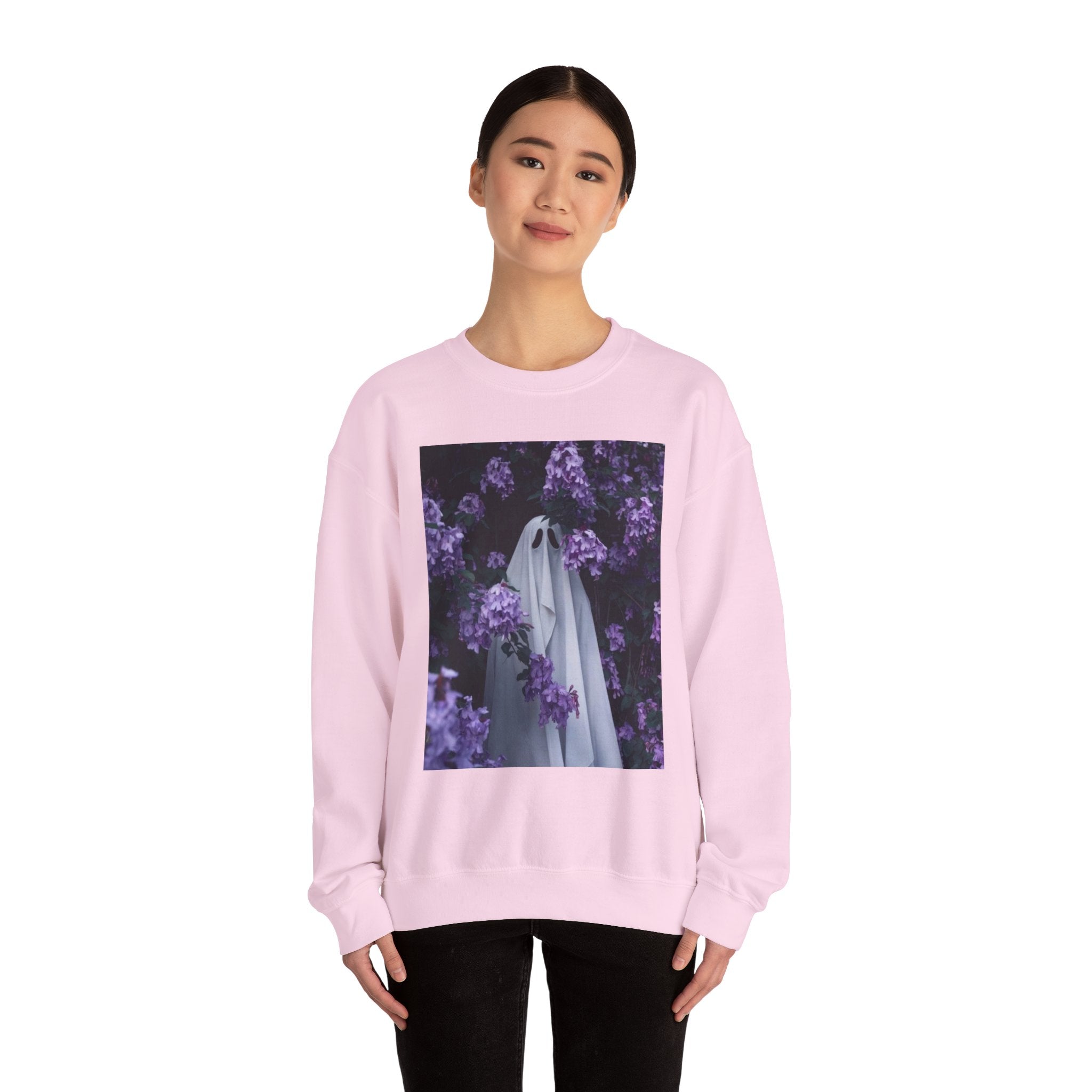 Spooky Floral Crewneck Sweatshirt - Unisex Heavy Blend, Ghost Design, Perfect for Halloween, Cozy Fall Style, Casual Comfort