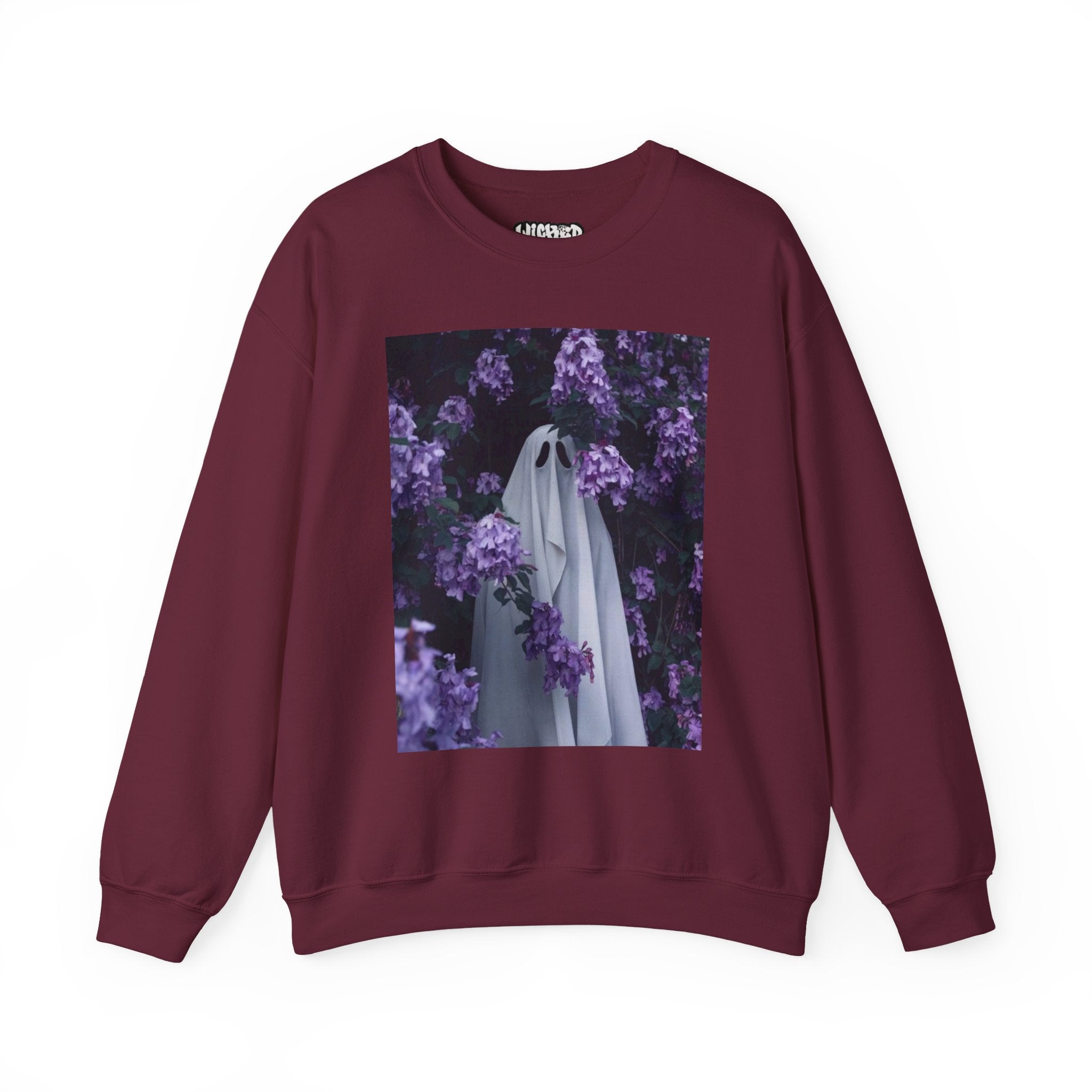 Spooky Floral Crewneck Sweatshirt - Unisex Heavy Blend, Ghost Design, Perfect for Halloween, Cozy Fall Style, Casual Comfort