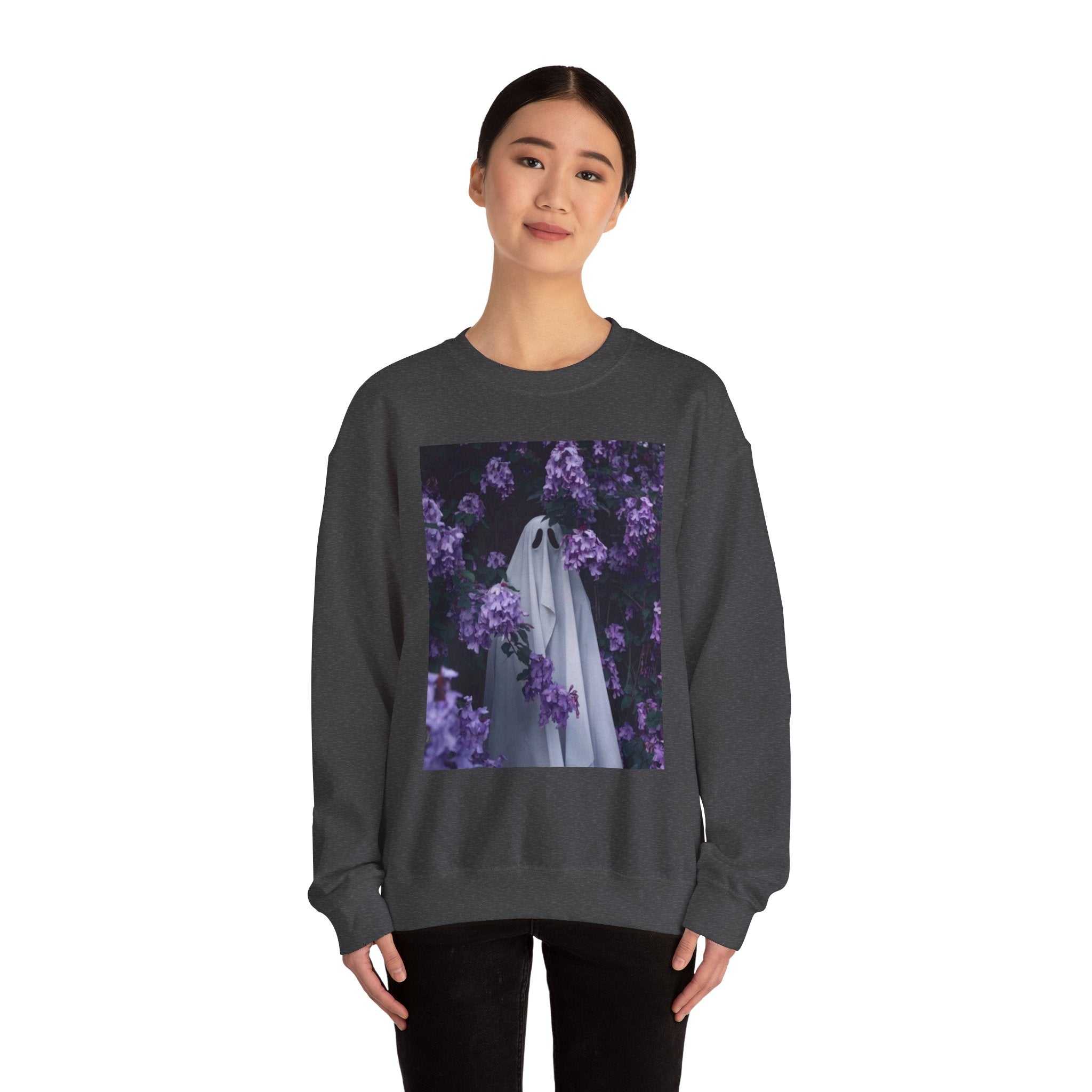Spooky Floral Crewneck Sweatshirt - Unisex Heavy Blend, Ghost Design, Perfect for Halloween, Cozy Fall Style, Casual Comfort