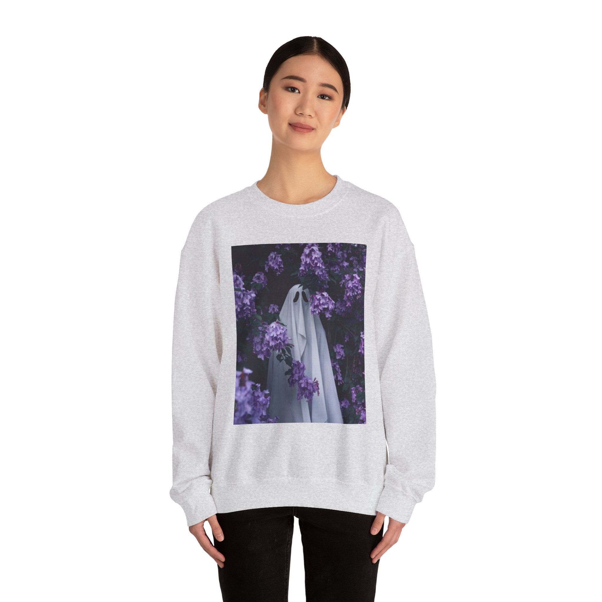 Spooky Floral Crewneck Sweatshirt - Unisex Heavy Blend, Ghost Design, Perfect for Halloween, Cozy Fall Style, Casual Comfort
