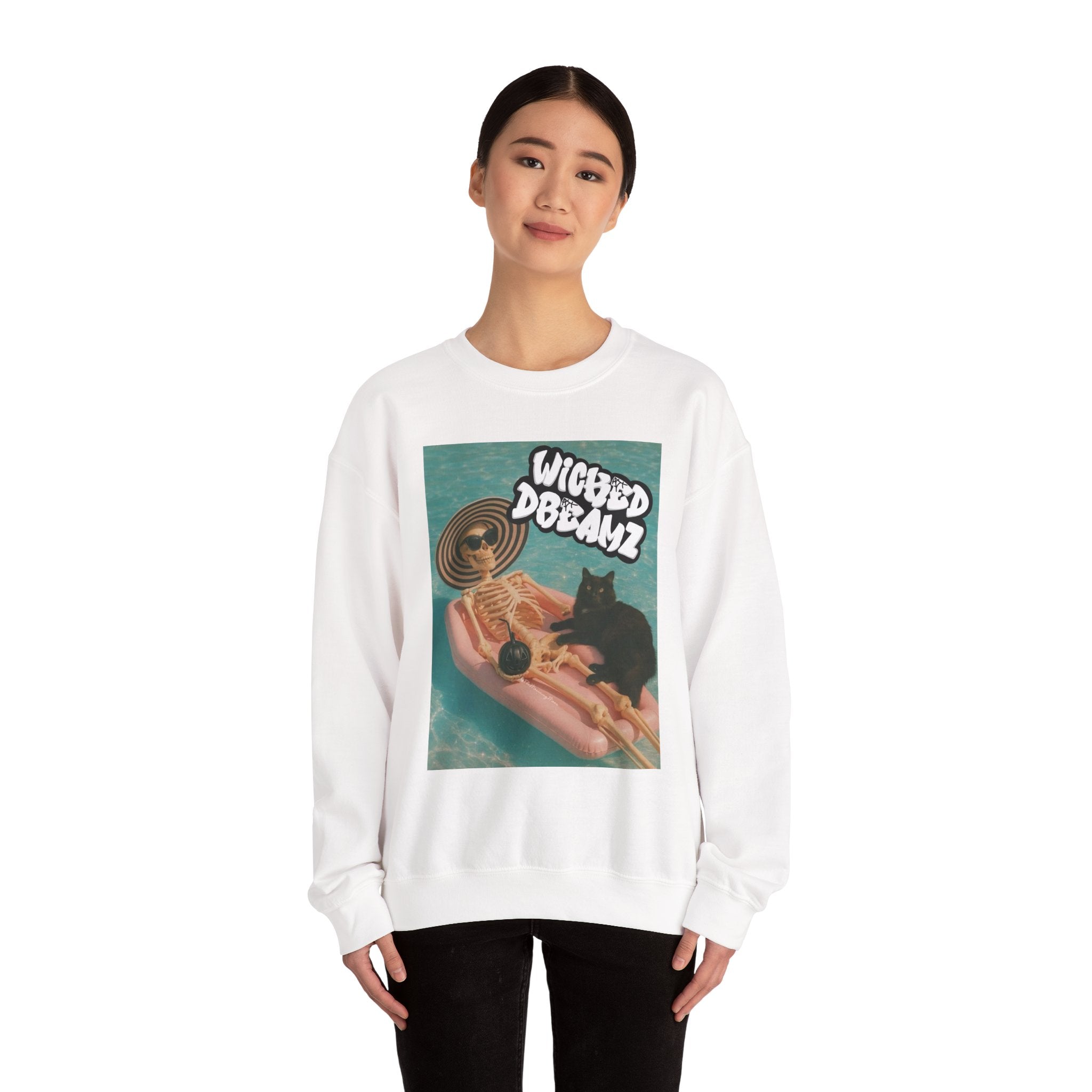 Wicked Dreams Crewneck Sweatshirt | Cozy Cat Lover Apparel, Cute Gift for Pet Owners, Casual Streetwear, Relaxed Vibe, Summer Fun
