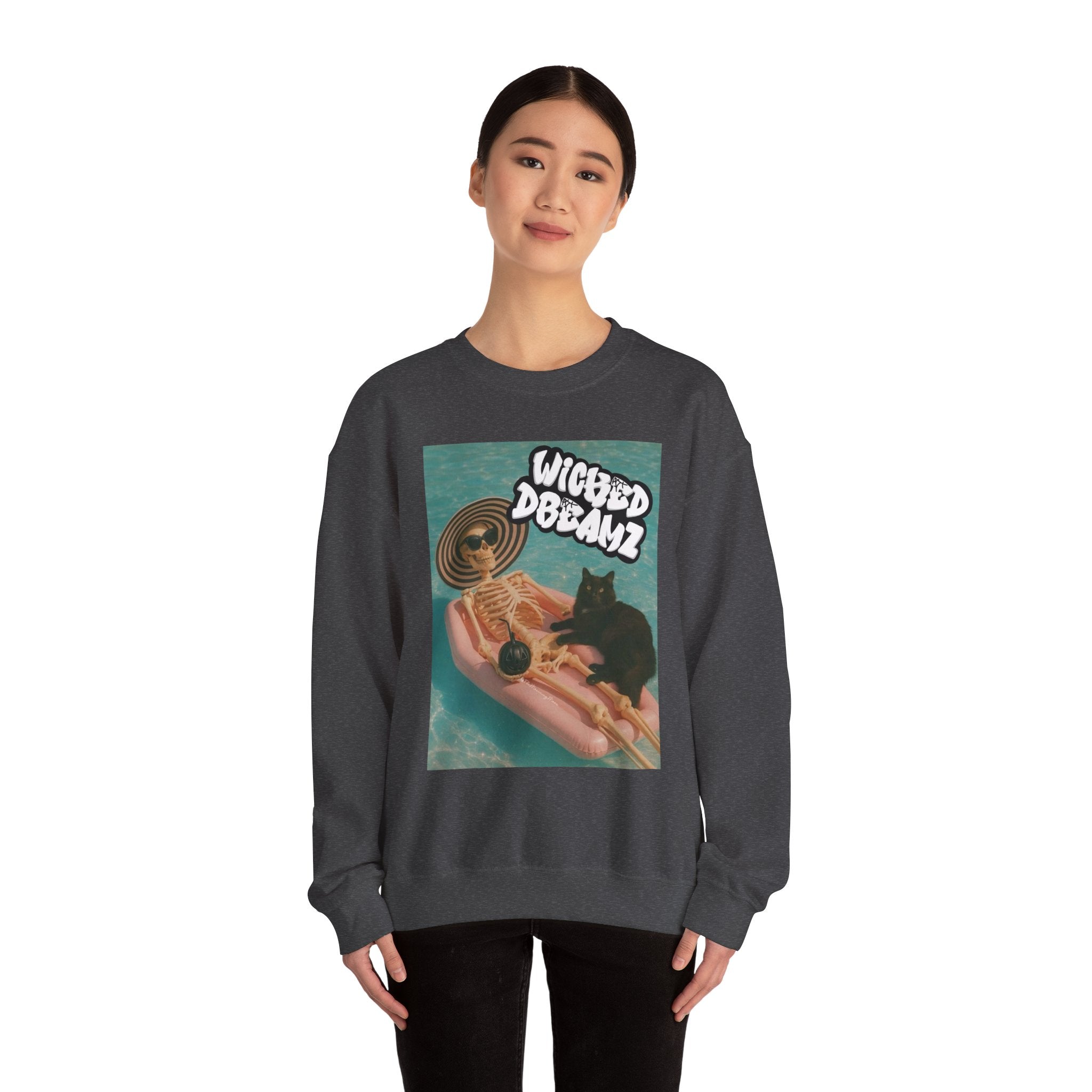 Wicked Dreams Crewneck Sweatshirt | Cozy Cat Lover Apparel, Cute Gift for Pet Owners, Casual Streetwear, Relaxed Vibe, Summer Fun