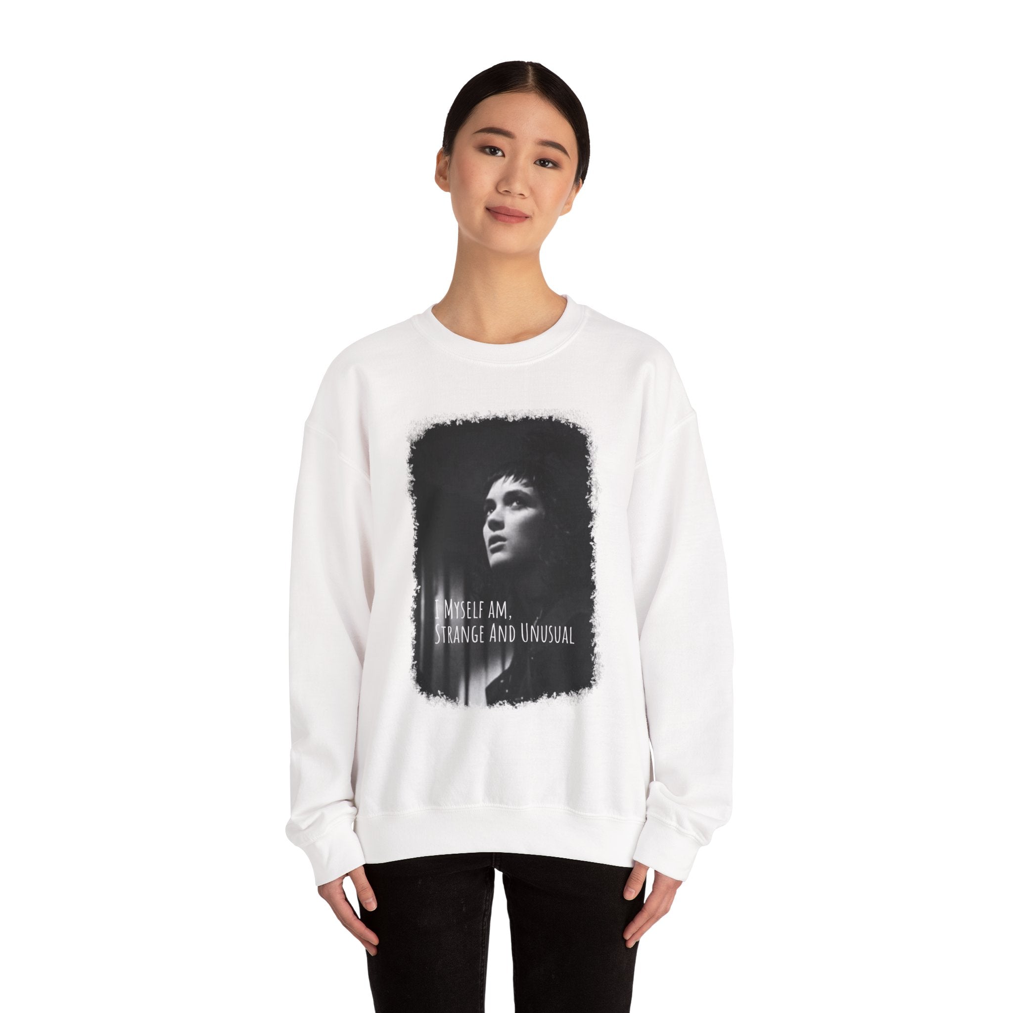 Beetlejuice Unisex Crewneck Sweatshirt: Perfect for Unique Style, Streetwear, Gifts, and Casual Outfits, Features 'I AM STRANGE AND UNUSUAL'