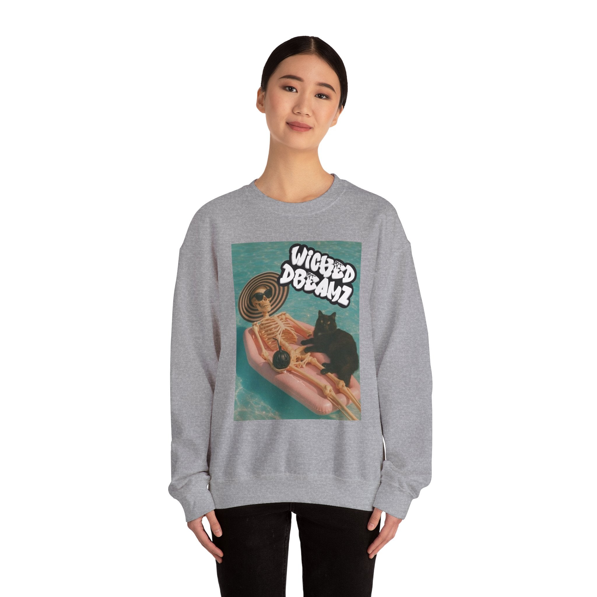 Wicked Dreams Crewneck Sweatshirt | Cozy Cat Lover Apparel, Cute Gift for Pet Owners, Casual Streetwear, Relaxed Vibe, Summer Fun